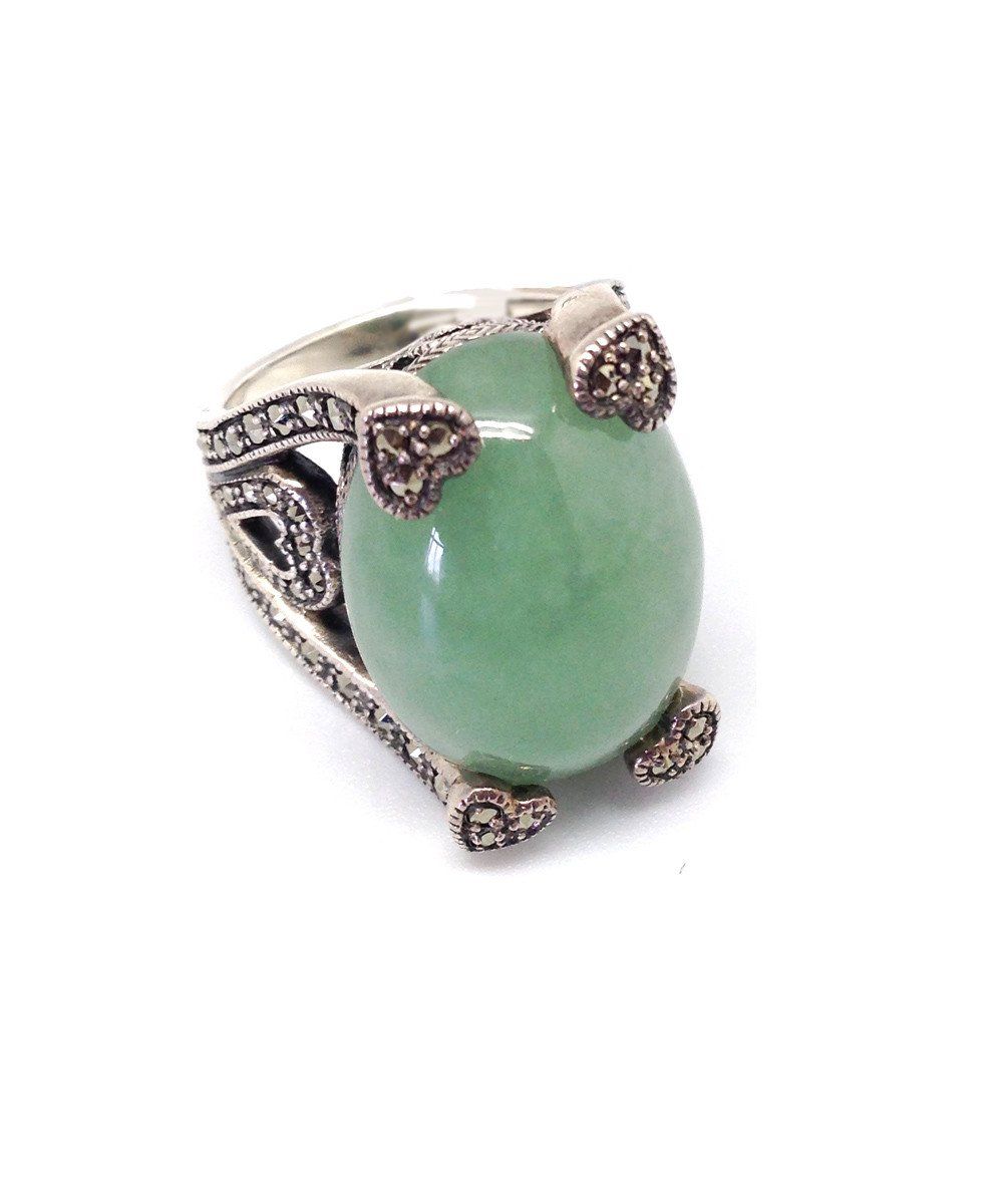 Bague art déco jade ornée d'argent et marcassites de créateur