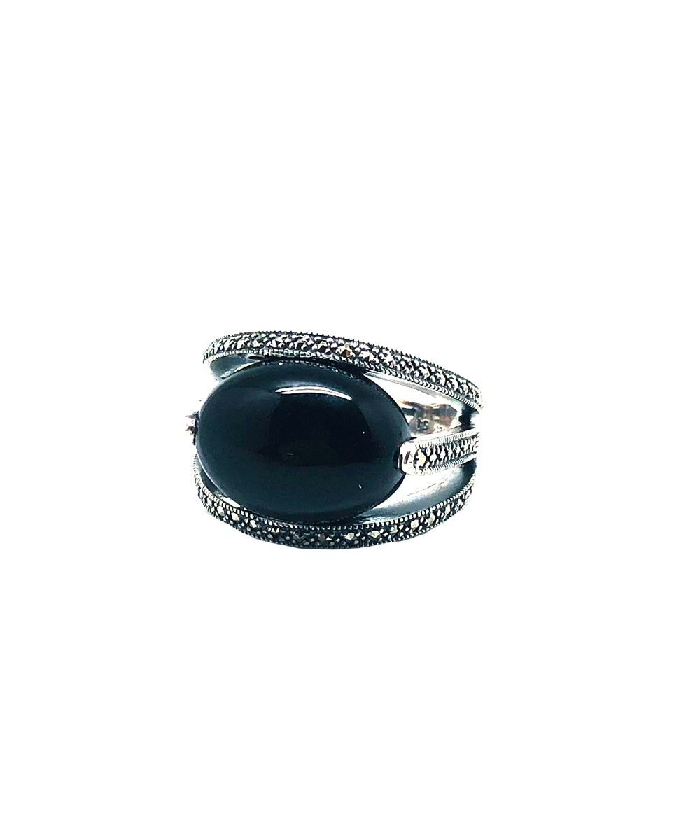 bague ovale onyx en argent et marcassites de style art déco
