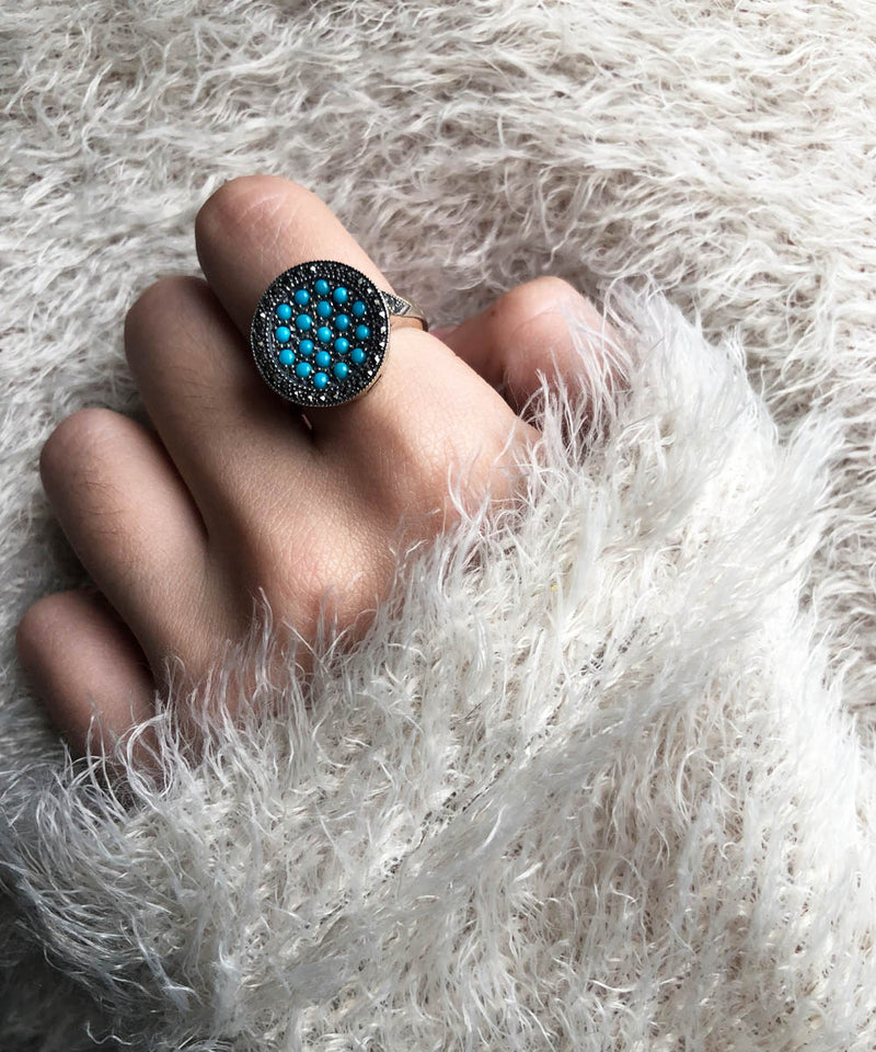 Turquoise, silver and marcasite round ring creator art deco