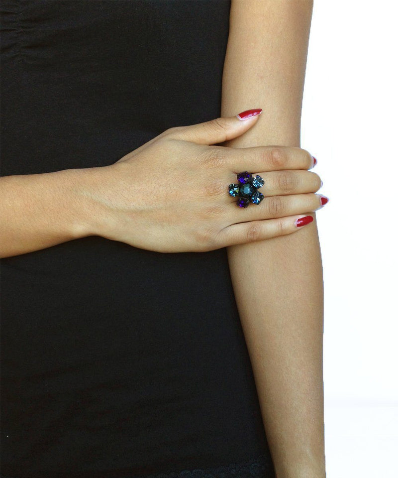 Blue Swarovski Crystals Flower Ring Designer Ring