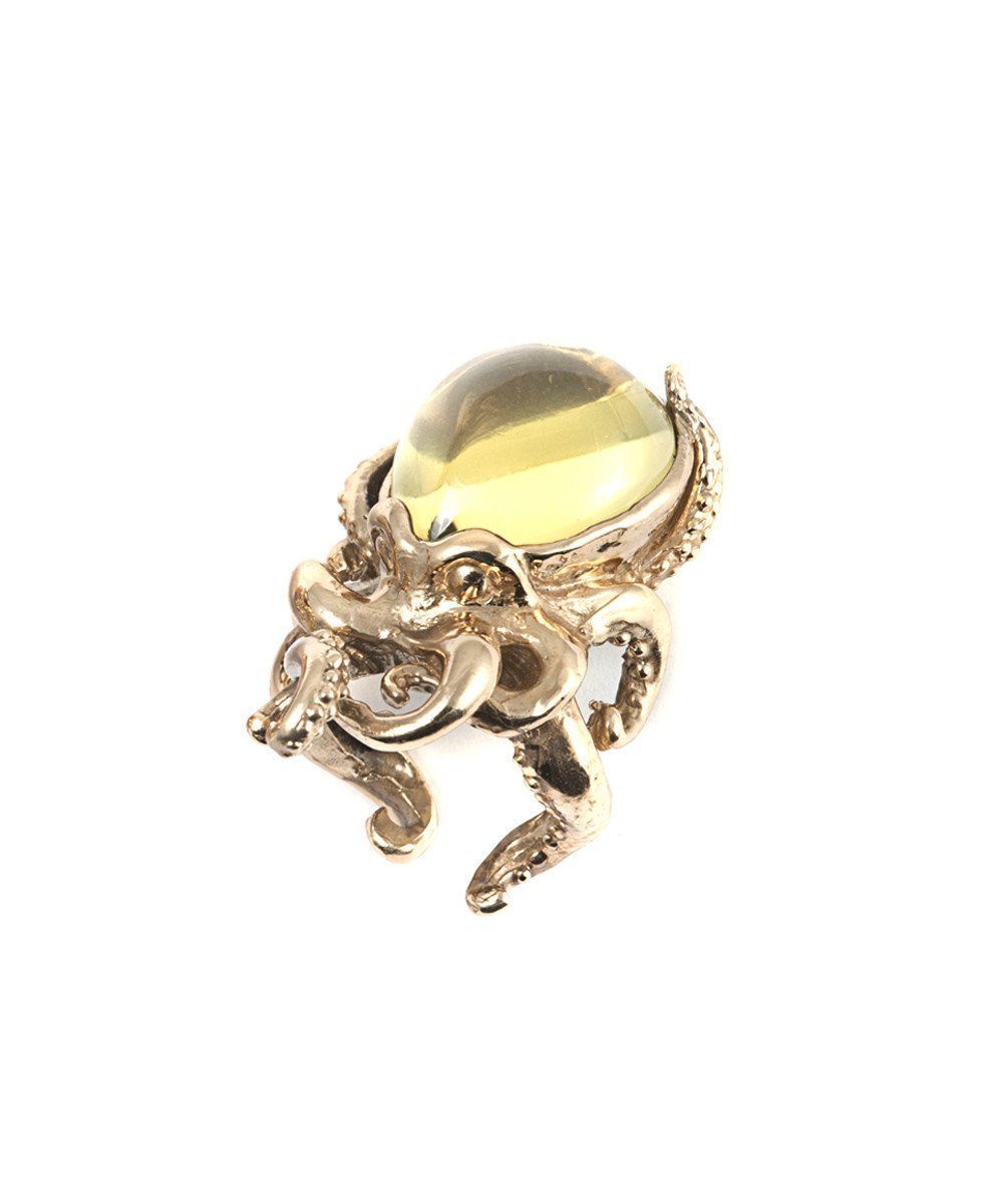 Bague pieuvre en bronze et pierre - Prasorite créateur Bague