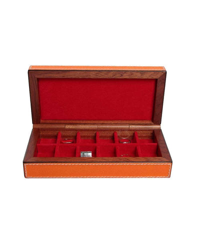 Boîte à boutons de manchette en cuir orange et bois créateur 1