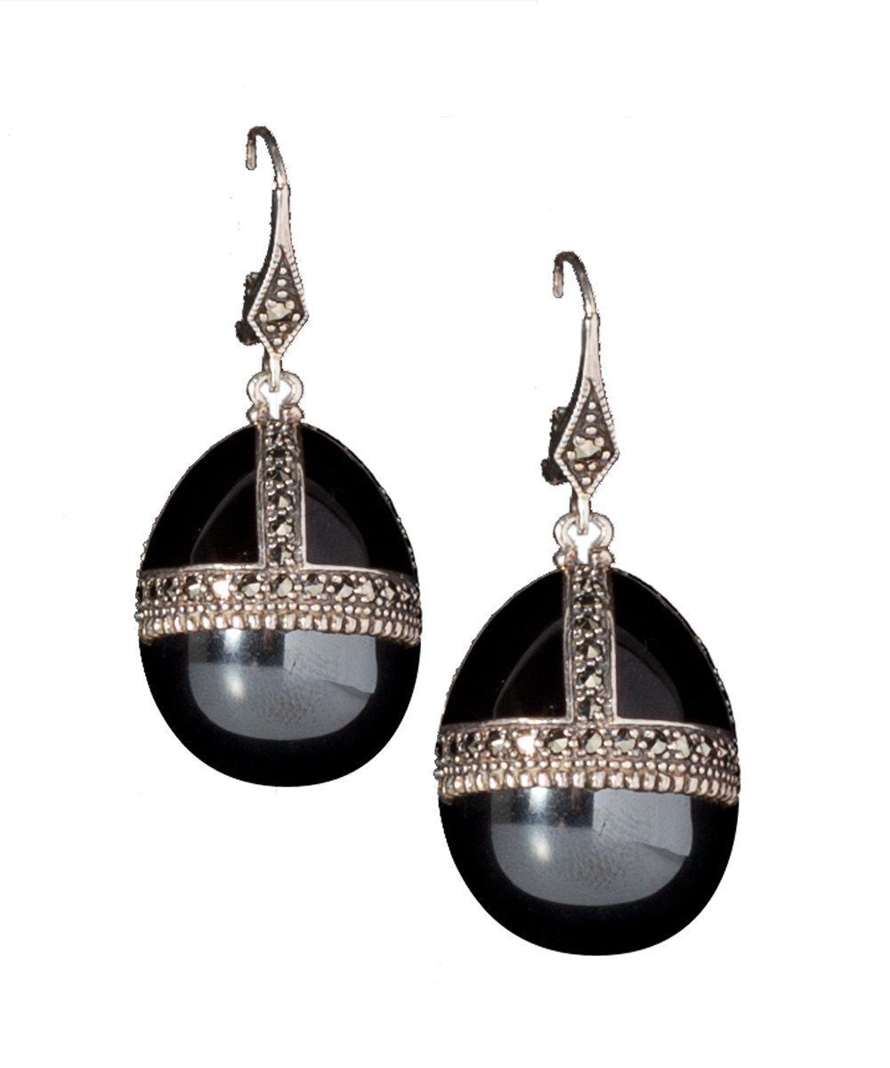 Boucles d'oreilles oeuf, onyx, marcassites et argent créateur Boucles d'oreilles