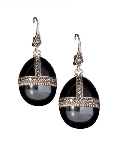 Egg, onyx, marcasite and designer silver earrings Earrings