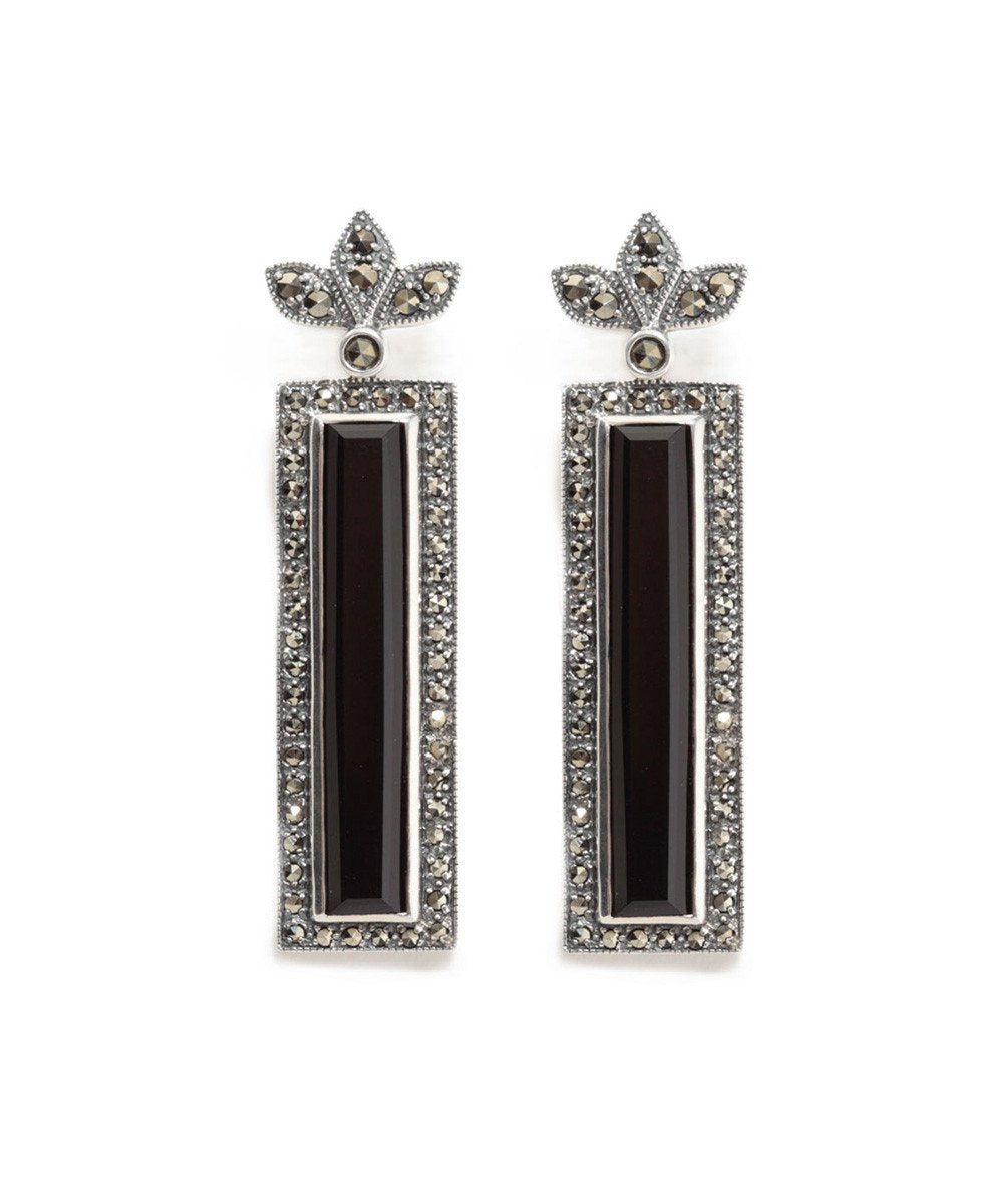 Boucles d'oreilles rectangle en onyx, marcassites et argent créateur Boucles d'oreilles