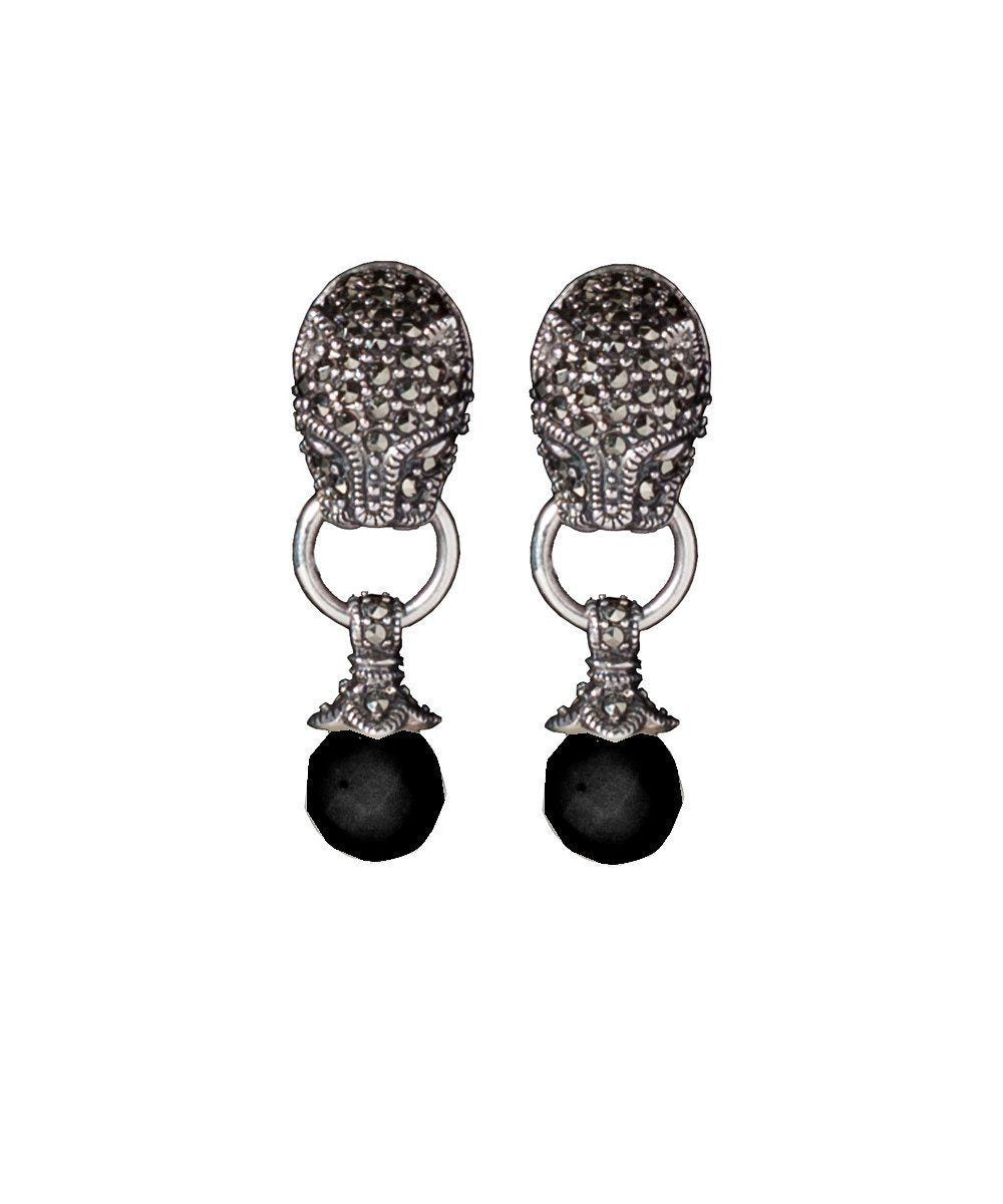 Boucles d'oreilles panthère, perle en onyx, marcassites et argent créateur Boucles d'oreilles