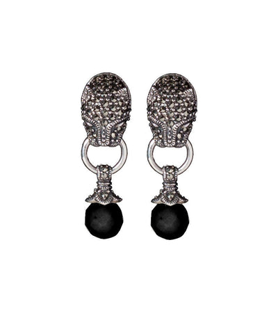 Panther earrings, pearl in onyx, marcasites and designer silver Earrings