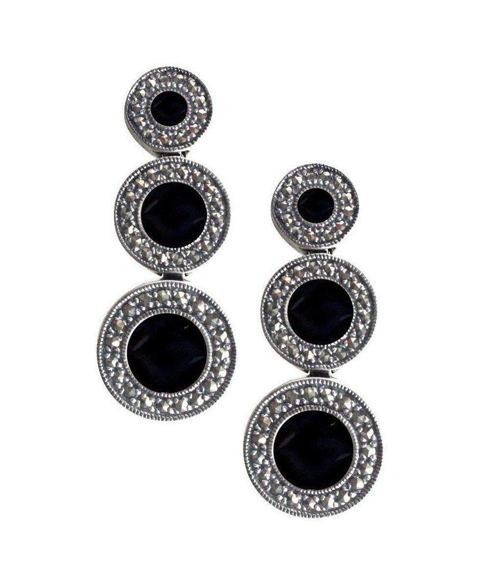 Boucles d'oreilles art déco en onyx, marcassites et argent 