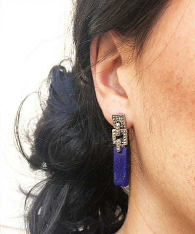 Boucles d'oreilles art déco lapis lazuli en argent  et marcassites