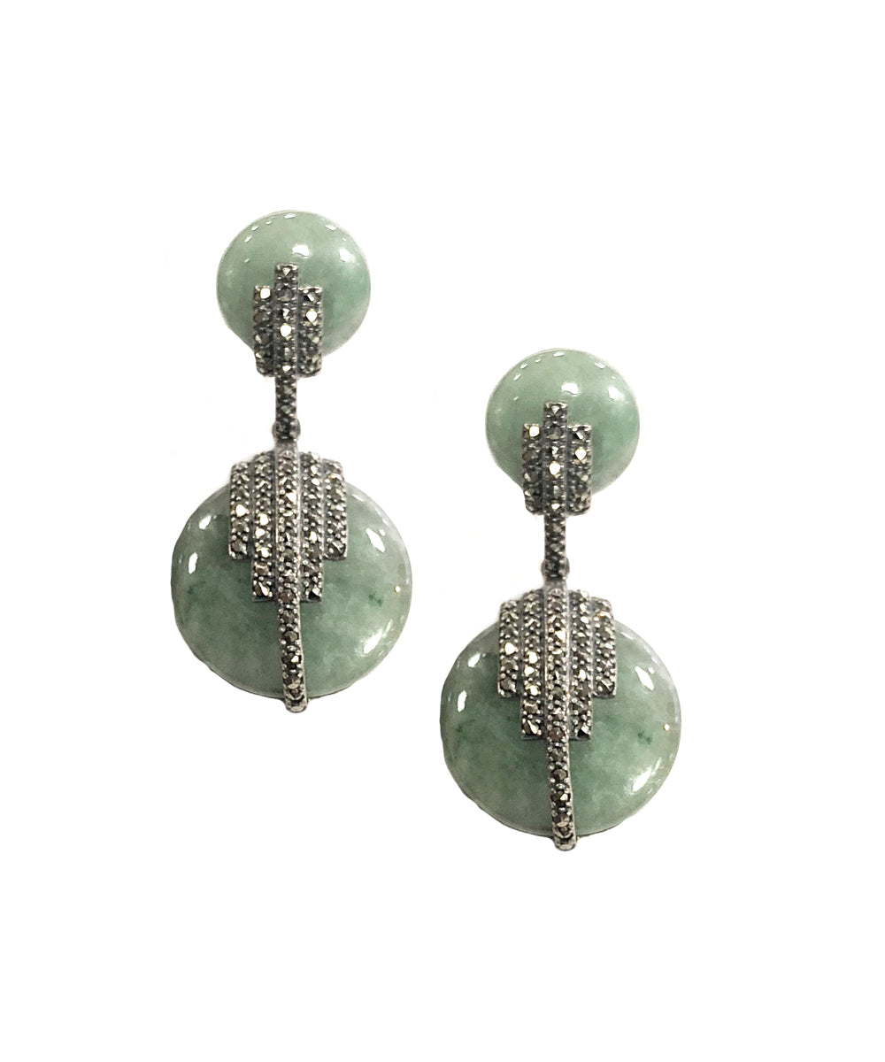 Boucles d'oreilles jade disques et marcassites