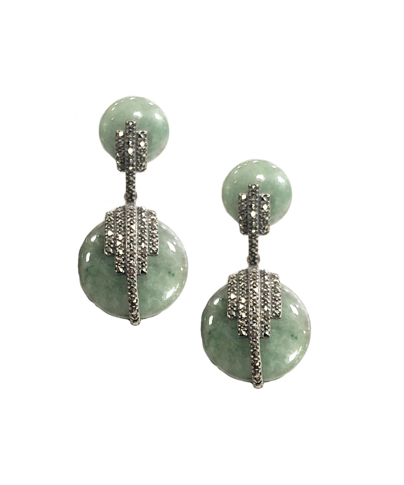 Jade disc and marcasite earrings