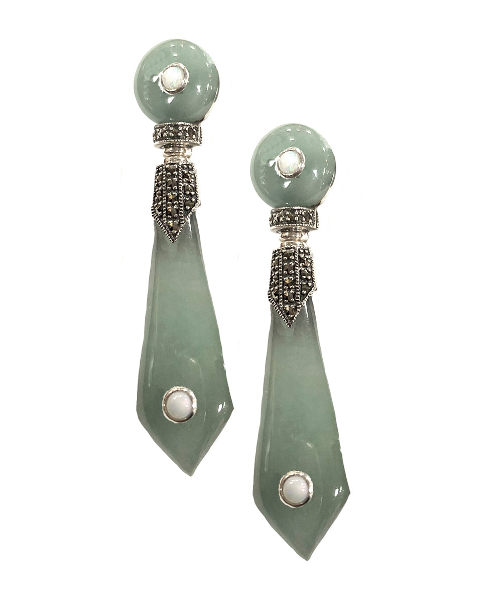 Boucles d'oreilles jade pendantes Antoinette en argent et marcassites