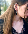 Pendant earrings in onyx and marcasites worn
