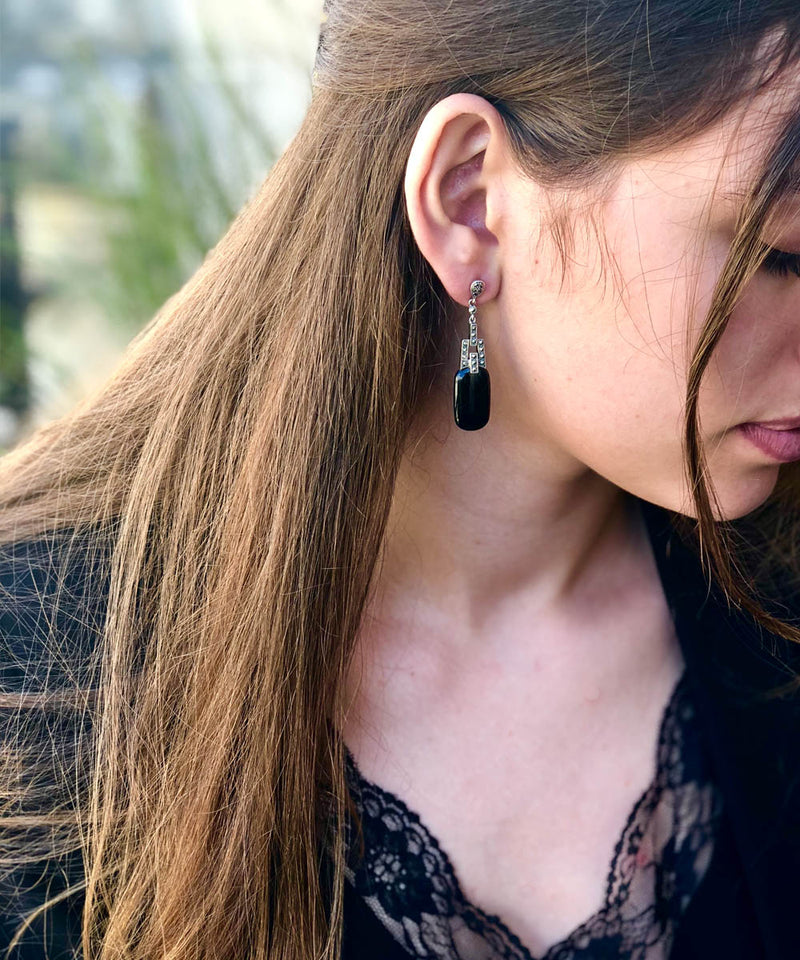 Designer onyx and marcasite pendant earrings Earrings