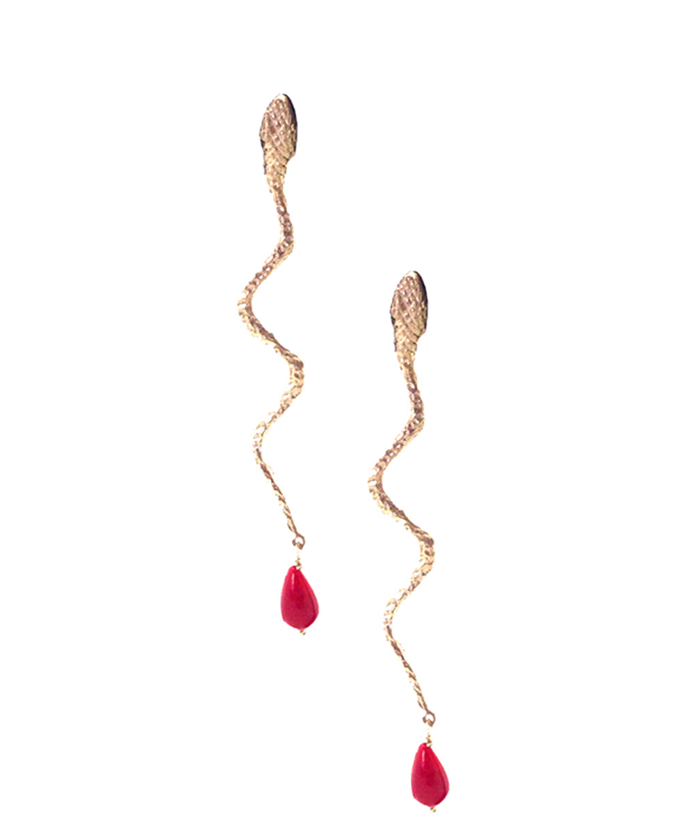 boucles d'oreilles serpent doré avec perles de corail