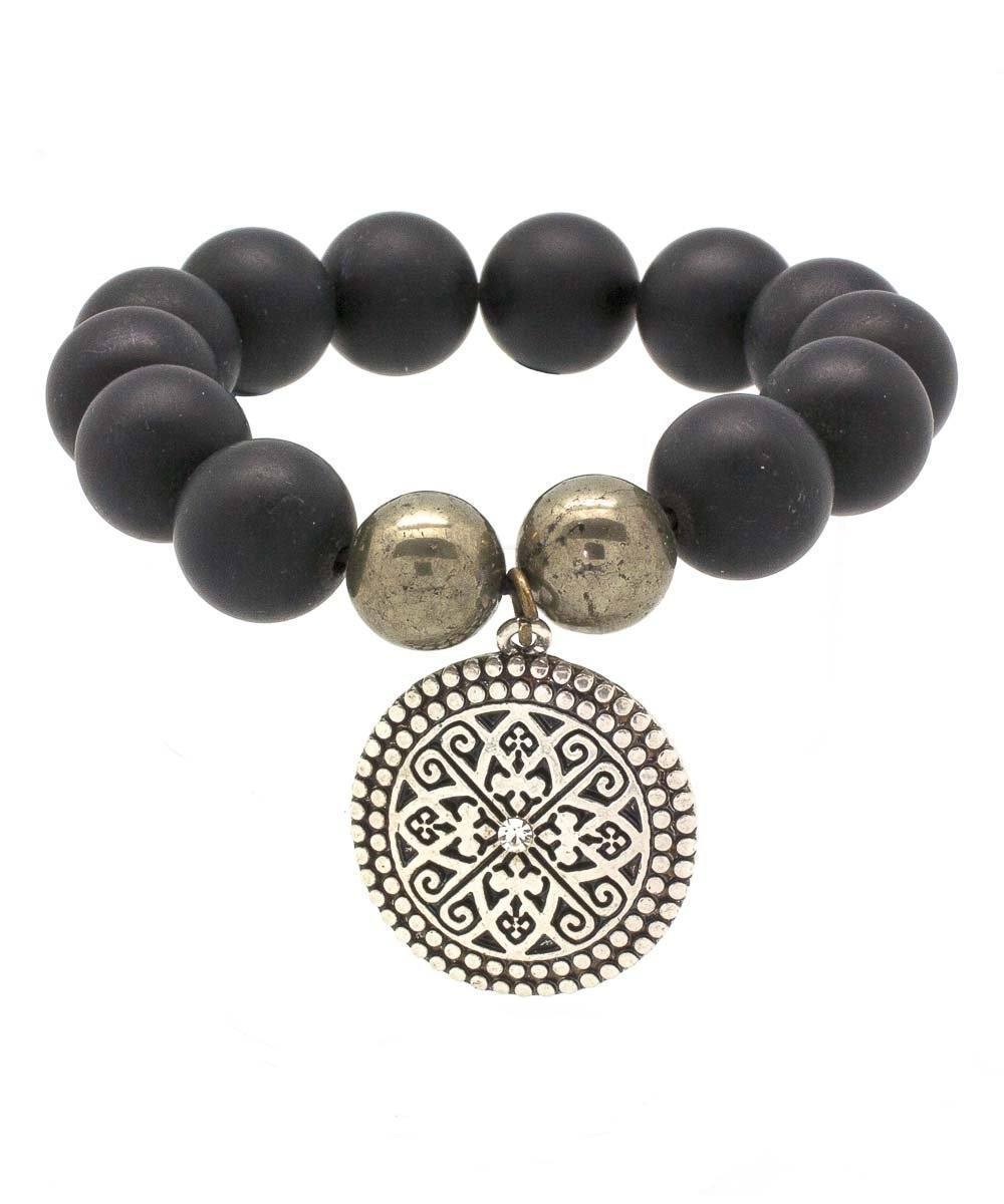 editions-lessisrare-bijoux-bracelet-lhassa-en-onyx-noir-mat-pyrites-de-fer-et-charm Editions LESSisRARE Bijoux