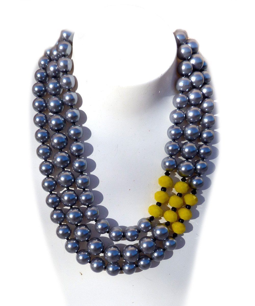 Collier de perles 3 rangs - Gris et cristaux jaunes - FlotB