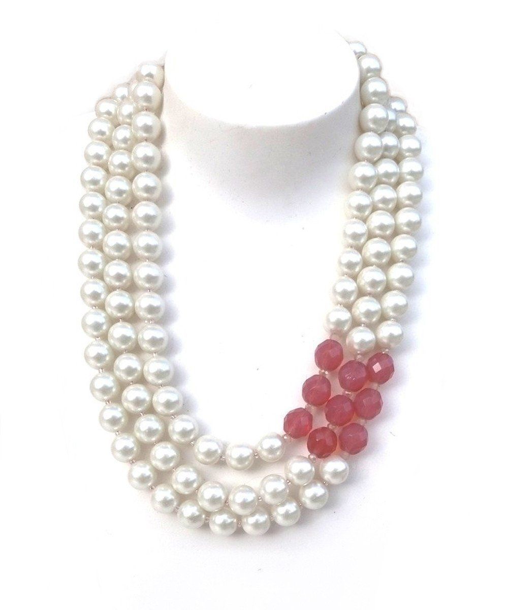 Collier de perles 3 rangs - Blanc nacré et cristaux roses - FlotB