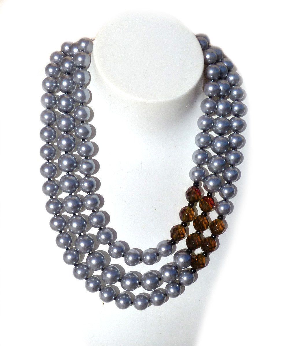 Collier de perles 3 rangs - Gris et cristaux marron - FlotB