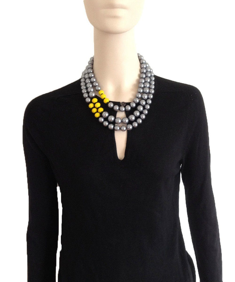 Pearl necklace 3 rangs - Gray and yellow crystals - FlotB