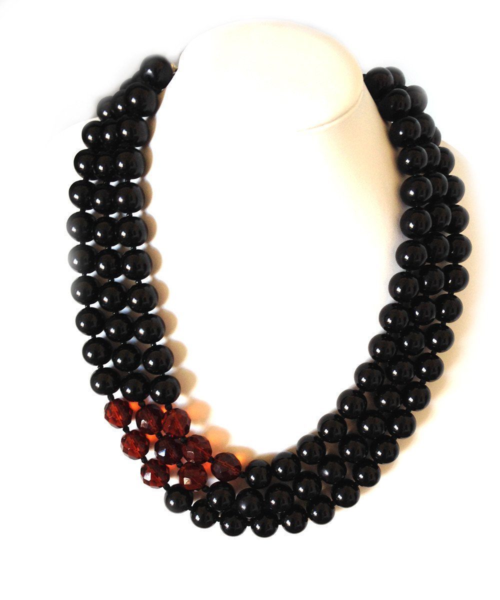 Collier de perles 3 rangs - Noir et cristaux bordeaux - FlotB