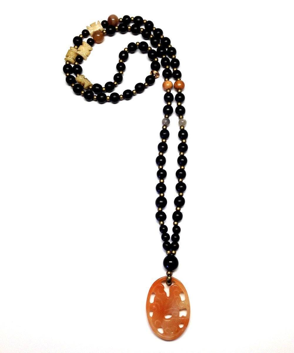 Sautoir perles en bois et médaillon en jade - Jewels of Mala