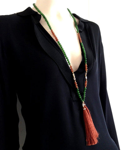 NAKAMOL-necklace-pearl tassels-agate-green-and-brown