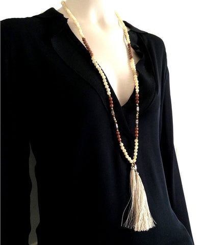 NAKAMOL-necklace-pearl tassels-jasper-beige-and-brown