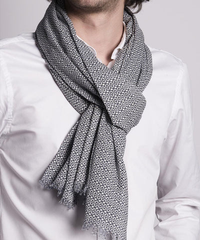 scarf-gray-with-pattern-for-men worn Editions LESSisRARE