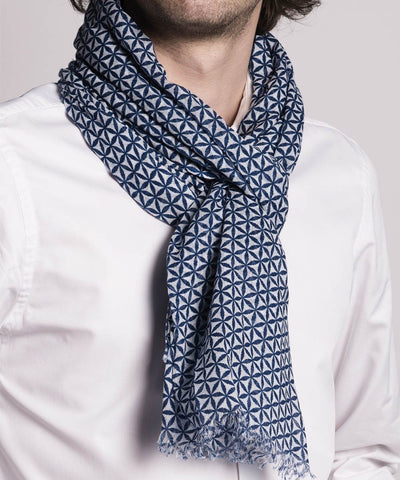 LESSisRARE Editions-blue-a-motif scarf worn