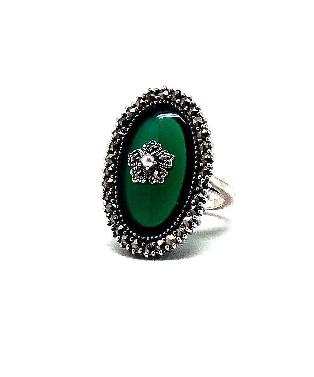 Bague agate verte marcassite argent et perle de culture créateur art déco