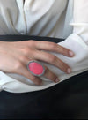 Large cabochon ring in dark pink jade, silver and art deco marcasites