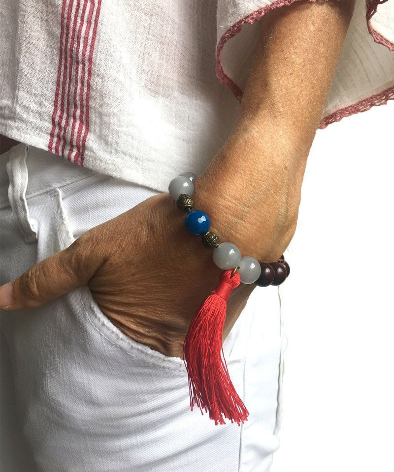 Tibetan mala bracelet agathe gray, blue and tassel - Jewels of Mala