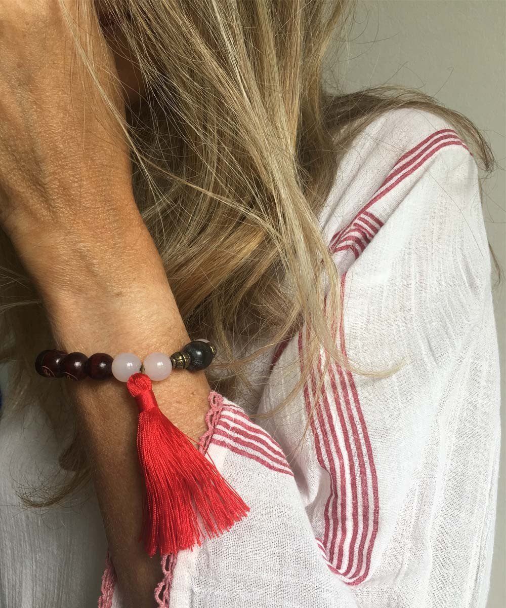 Tibetan mala bracelet with agates and red tassel Jewels of Mala