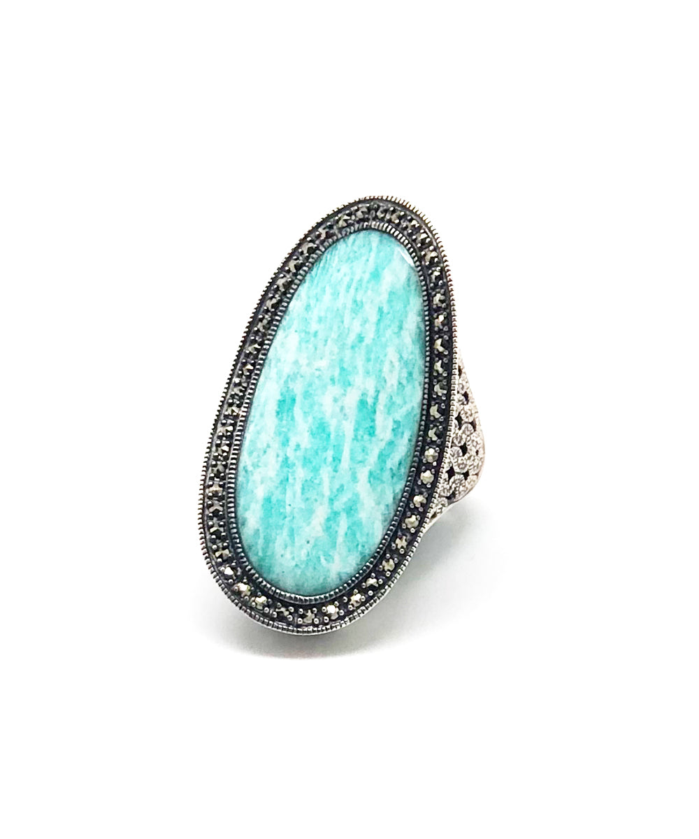 Longue bague amazonite art deco en argent et marcassites