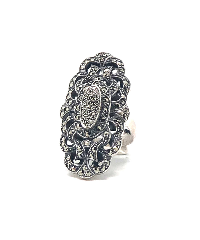 Long art deco ring in silver and marcasites