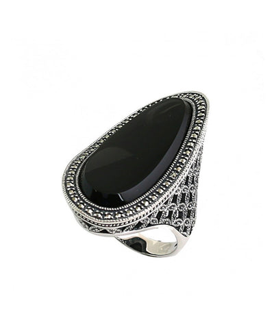Long art deco onyx ring, silver and marcasites