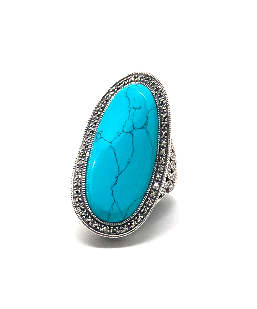 Longue bague turquoise art deco en argent et marcassites