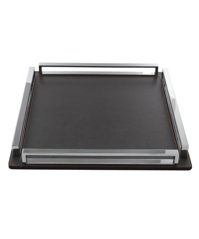 Large square tray in leather and gray chrome - Bhome
